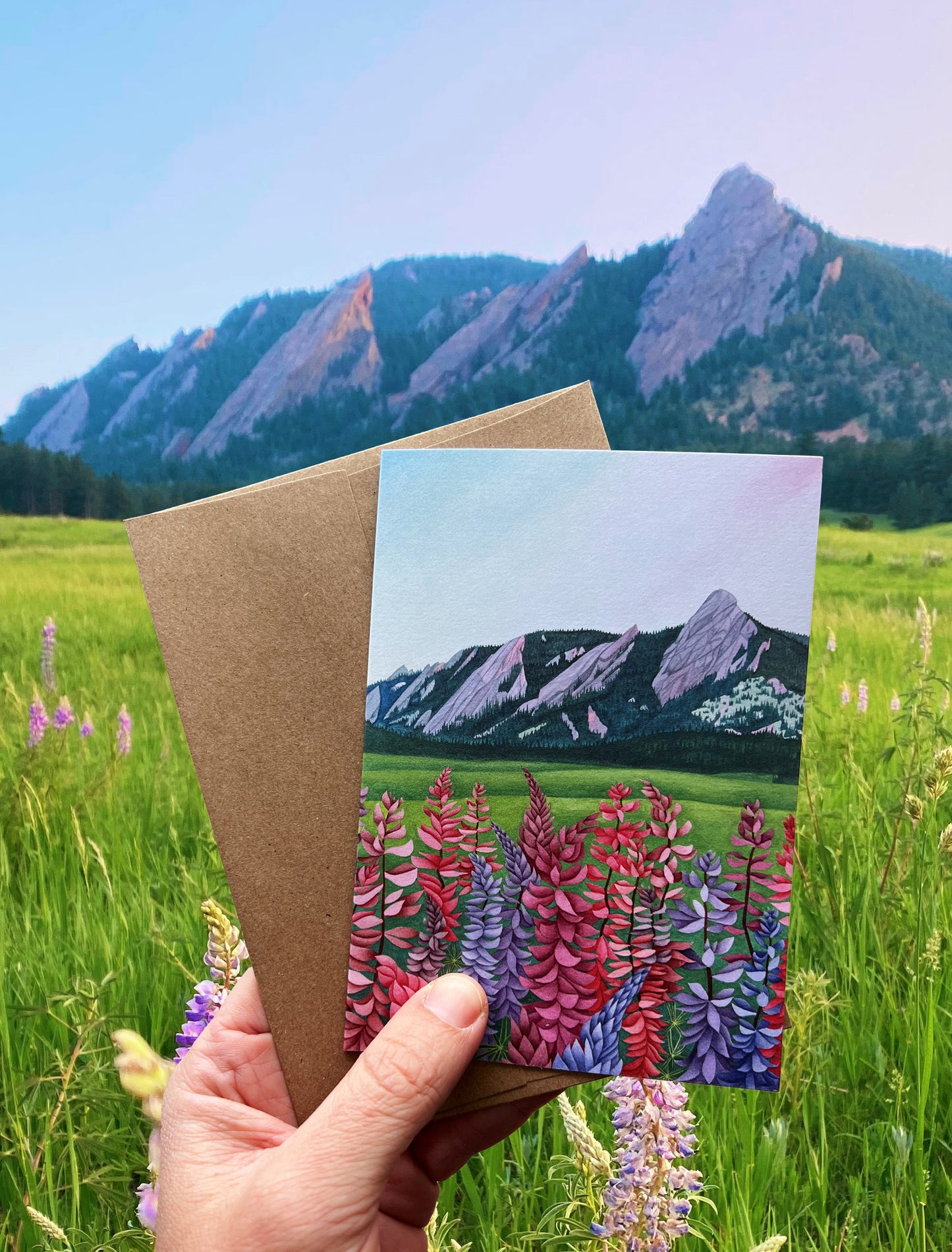 Flatirons with Lupines Greeting Card